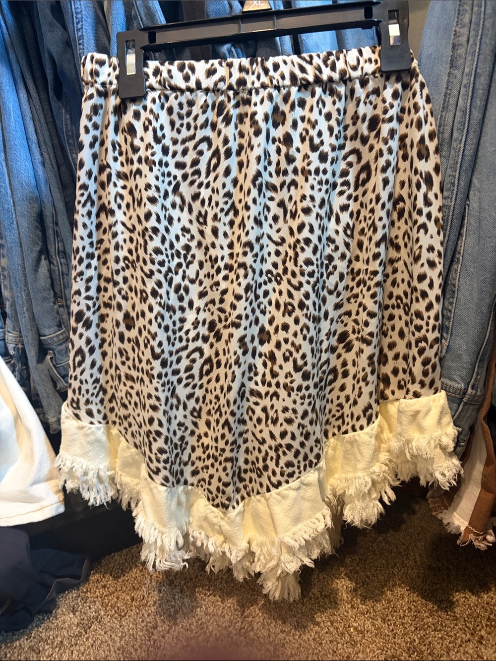 Umgee Leopard Print A-Line Skirt with Fringe Hem - Beige/Black